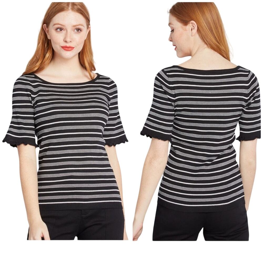 ModCloth NWOT Ruffle Knit Top Stripe Size XXS Half Sleeve Black White Boat Neck